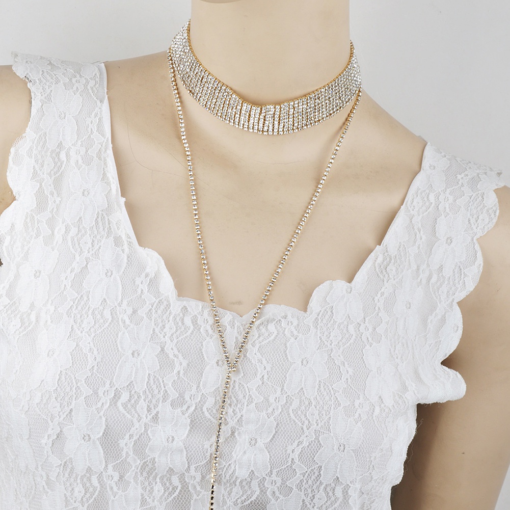 Kalung Choker Rantai Rumbai Multilayer Aksen Berlian Imitasi Untuk Wanita