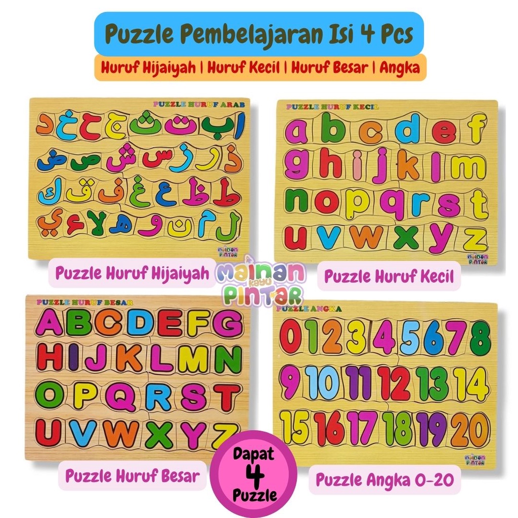 Paket Puzzle Kayu Pembelajaran Isi 4 Puzzle Huruf hijaiyah Alphabet Dan Angka