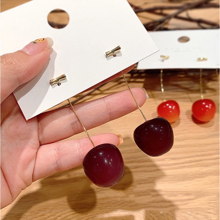 Anting Stud Panjang Desain Buah Cherry Bahan Resin Gaya Korea