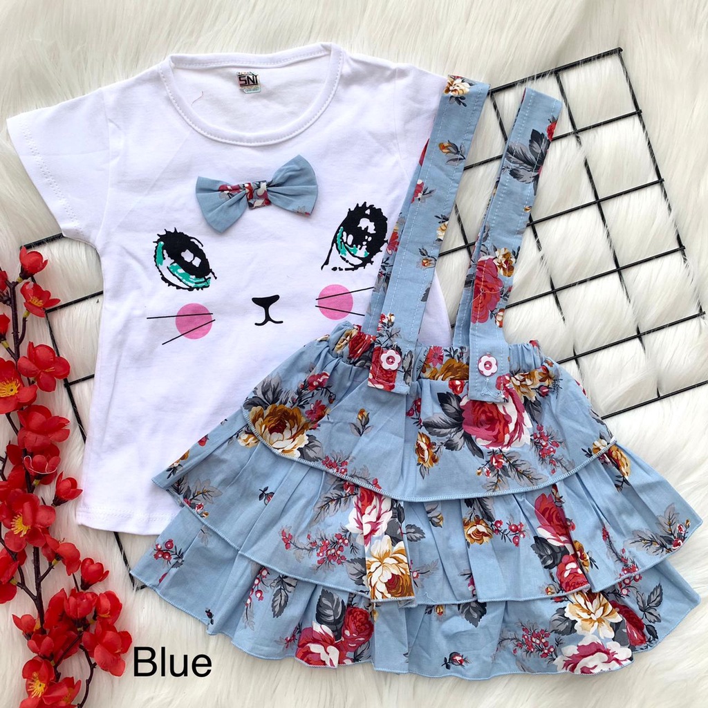 Baju setelan kaos overall dress motif bunga fashion anak bayi cewek perempuan baby girl murah -mii-Overall blue