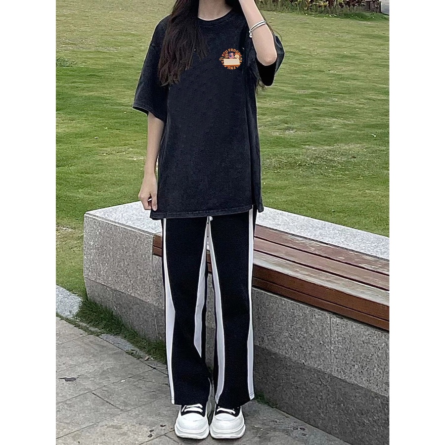 EUNII T-shirt Lengan Pendek Washed Dicuci Hitam Rasa Pencetakan Longgar Korean Style/Kaos Atasan Wanita/Baju Kaus Oversize Wanita