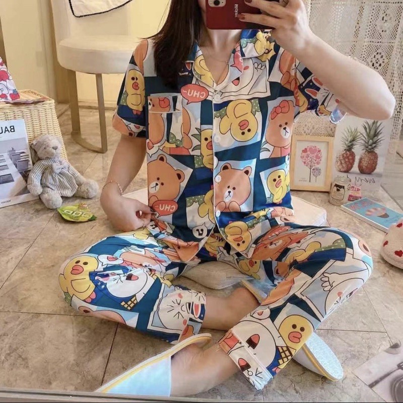 PIYAMA SPANDEX IMPORT BAJU TIDUR SETELAN CELANA PANJANG MOTIF LUCU CARTOON EMO LINE JUMBO BIG SIZE