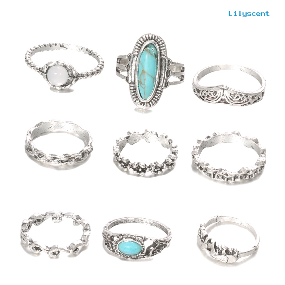 9 Pcs / Set Cincin Jari Turquoise Imitasi Gaya Retro Bohemian Untuk Wanita