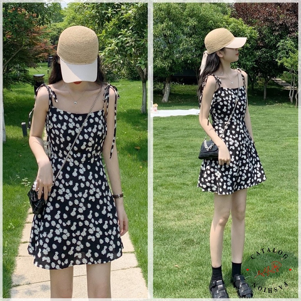 GS - Dress Tali Sunny - Dress Print Daisy Tali Spaghetti / Mini Dress Wanita Korean Style