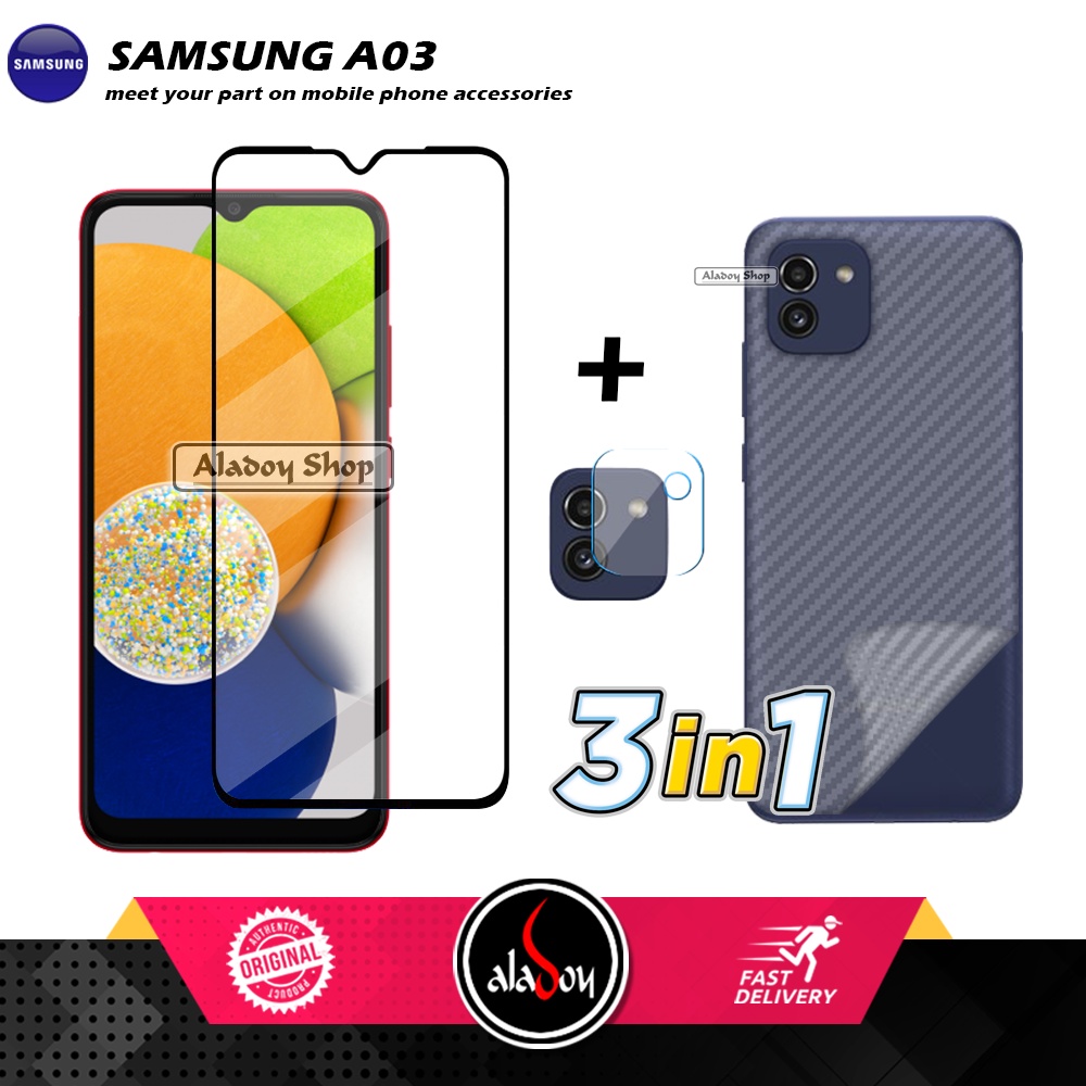 PAKET 3 IN 1 Tempered Glass Layar Samsung A03 Free Tempered Glass Camera dan Skin Carbon