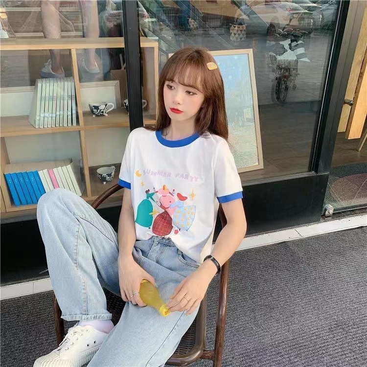 yikoo-Kaos wanita korea t shirt colorblock gaya atasan print katun