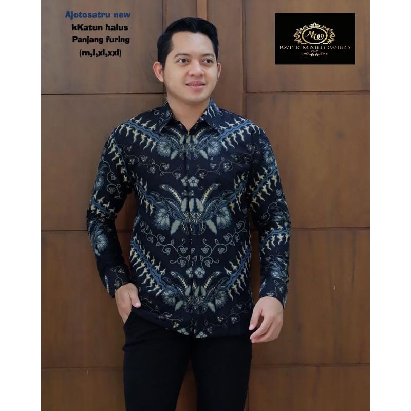 Kemeja Batik Pria Terbaru Batik Pria Warna Hitam Tosca Batik Panjang Tosca AJOTOSATRU HITAM TOSCA