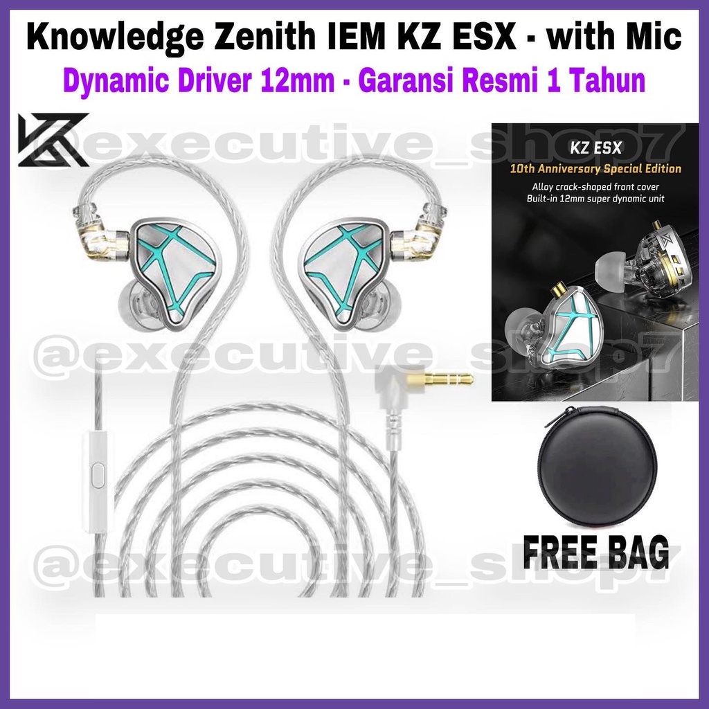 Knowledge Zenith IEM KZ ESX - with Mic Dynamic Driver 12mm - Garansi Resmi 1 Tahun Free Bag - Tergantung Persediaan Stock