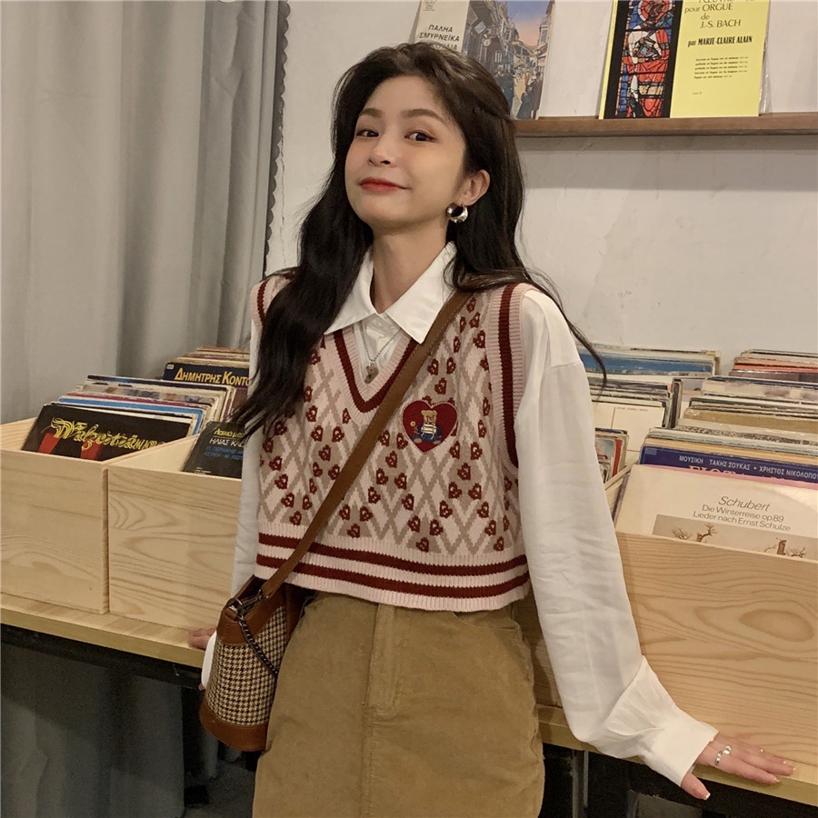 rompi rajut wanita Korea style baju rajut V neck crop top sweter kotak-kotak