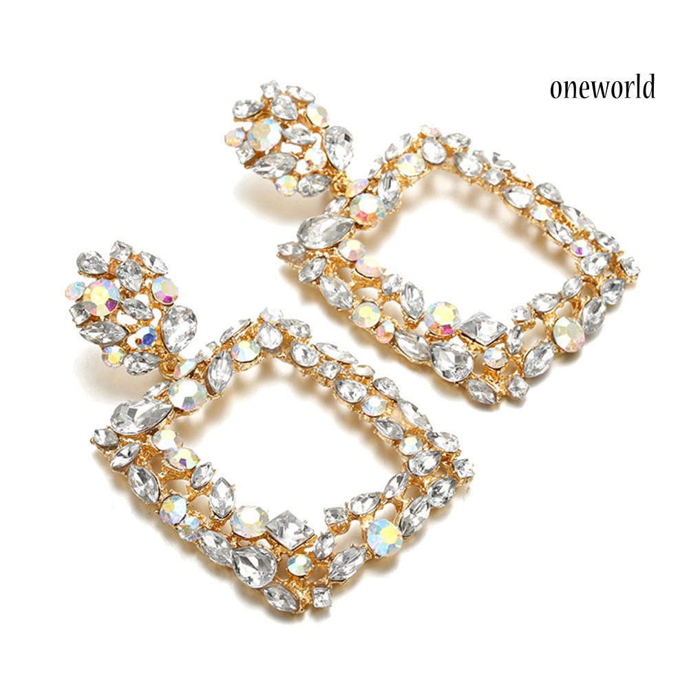 OW@ Bohemia Women Colorful Rhinestone Hollow Square Charm Statement Stud Earrings