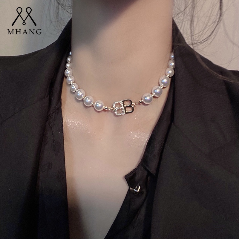 Kalung Rantai Klavikula Hias Mutiara Berlian Desain Huruf B Ganda