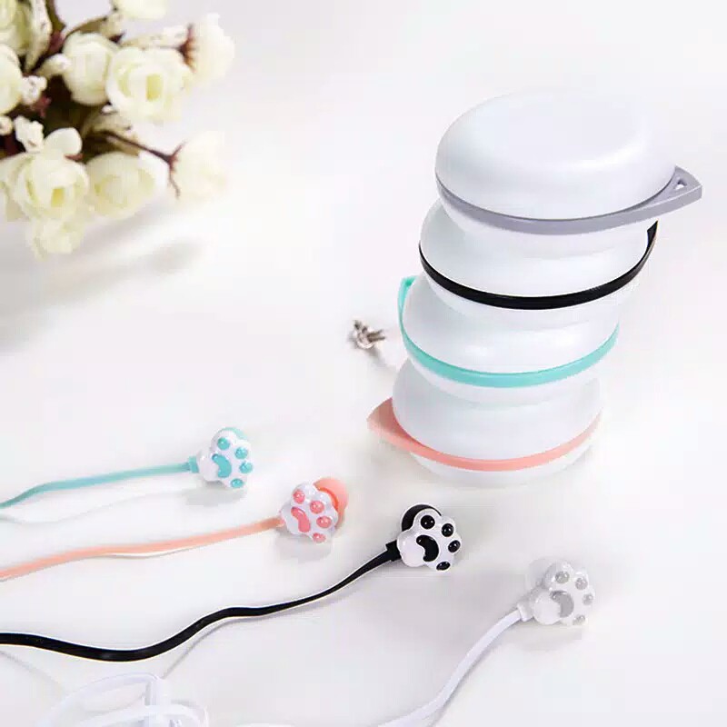 Earphone Tapak Kaki Kucing Karakter Handsfree Plus Mic Plus Kotak Earphone Cantik