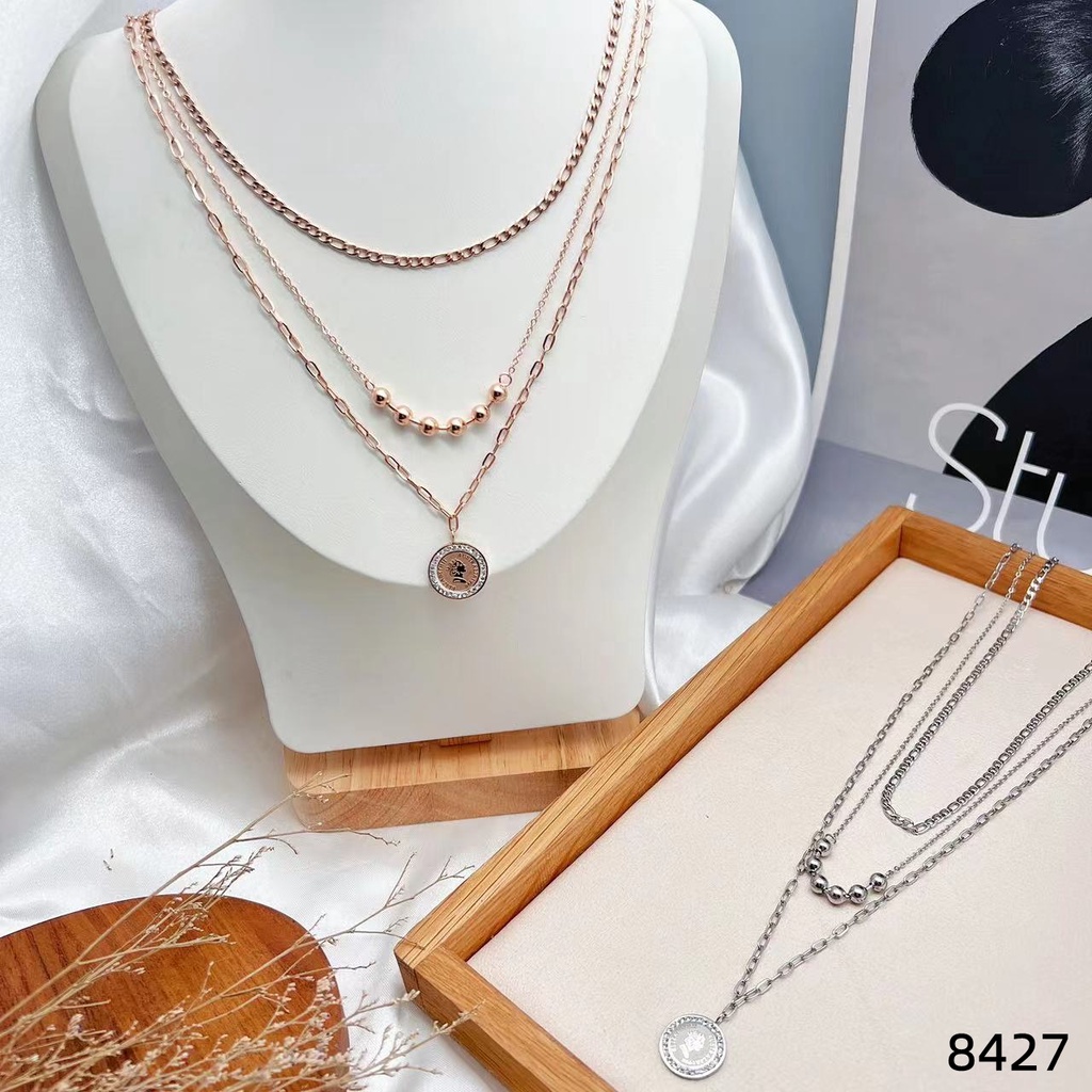 Kalung Titanium Rantai 3Susun Permata Perhiasan Fashion 8427