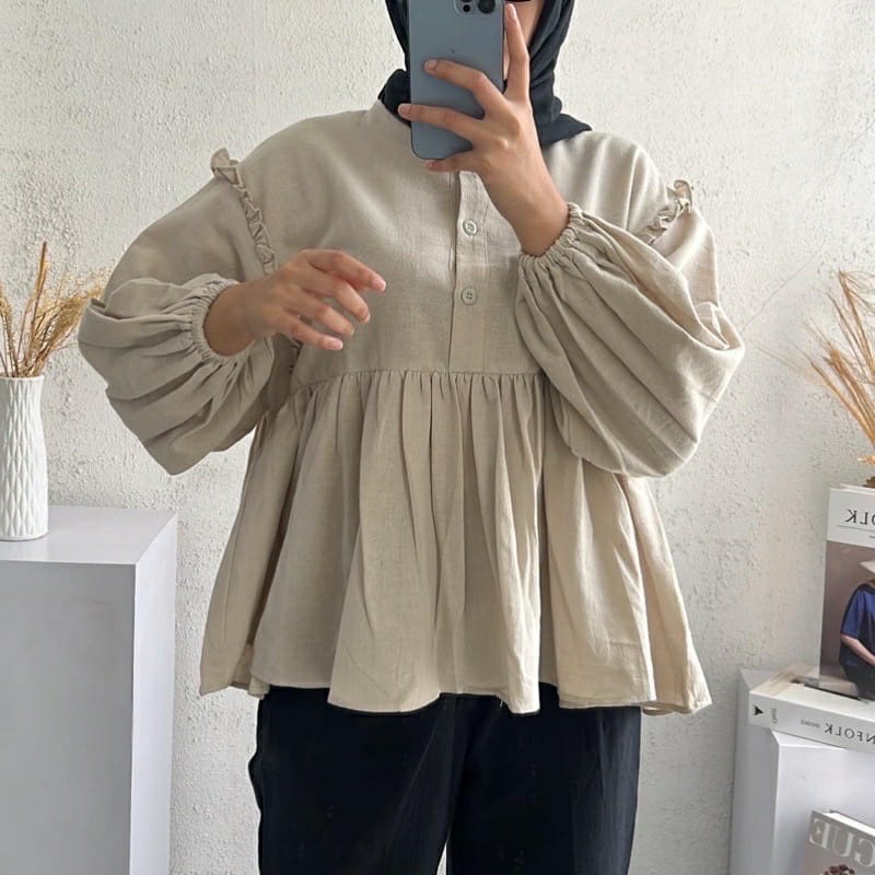 BEFAST - ZFS OOTD Blouse BERRY / KINAN LINEN BUTTON BLOUSE / Atasan Blouse Wanita / Blouse Lengan Balon Panjang / Fashion Wanita Formal Kerja / Blouse Polos Casual / Terlaris / Bloue Banyak Warna / Termurah