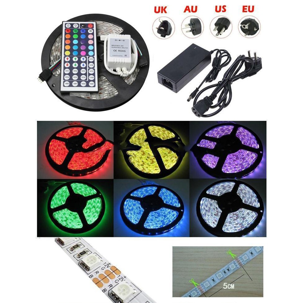 Led Strip Flexible Light Waterproof 5050 RGB 5M with 44 Key Remote Control - OMLL2VWH White