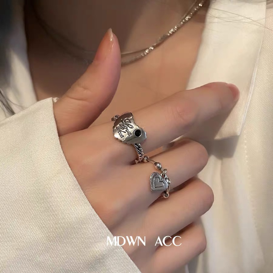 YEEZII Set Cincin Rantai Hati Model Terbuka Dapat Disesuaikan Warna Silver Gaya Retro Untuk Wanita