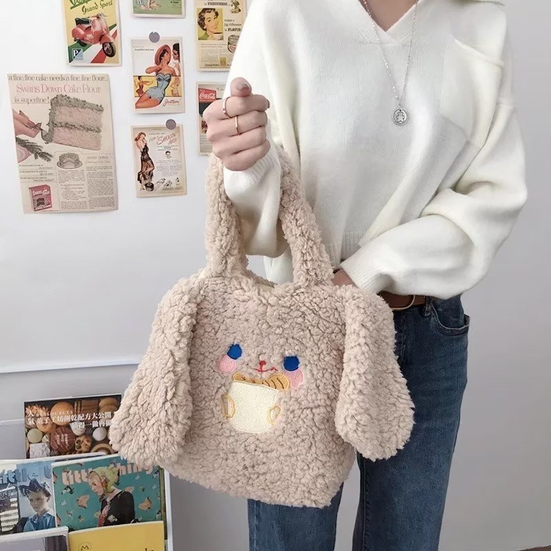 Terlaris Tas Totebag kelinci bulu lucu imut / Bulu Wanita Tote Bag Kekinian korea in style Tote Bulu Motif Karakter Lucu BISA COD