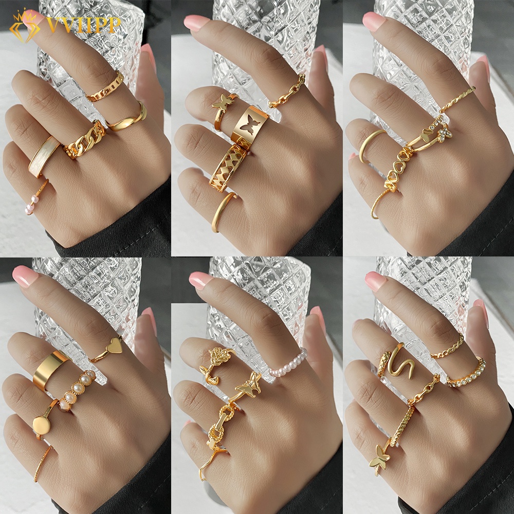 5pcs / Set Cincin Model Terbuka Desain Kupu-Kupu / Ular / Hati Hollow Hias Mutiara + Berlian Untuk Wanita