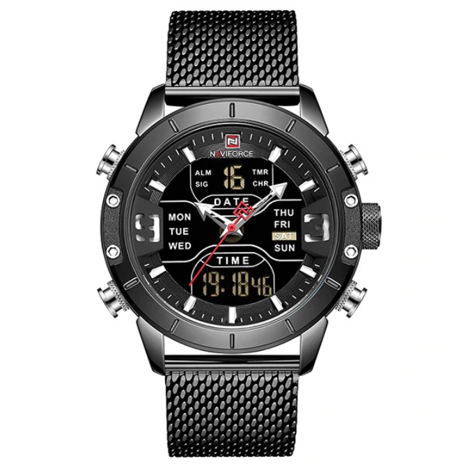 Jam Tangan Pria NAVIFORCE 9153 Analog Digital Premium Stainless Mesh Band Luxury Water Resistant