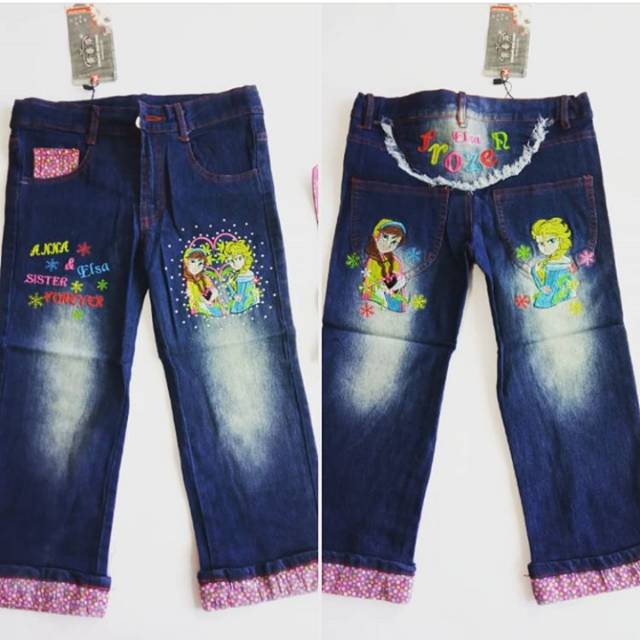 Celana pendek jeans bordir Anna & Elsa