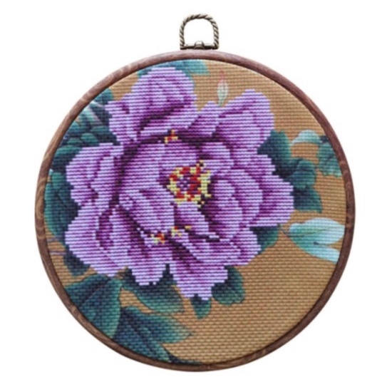 Paket Kristik Bunga Ungu Latar Coklat + Hoop Pembidang [ Sulam Strimin Pola Kain Cross Stitch DIY ]