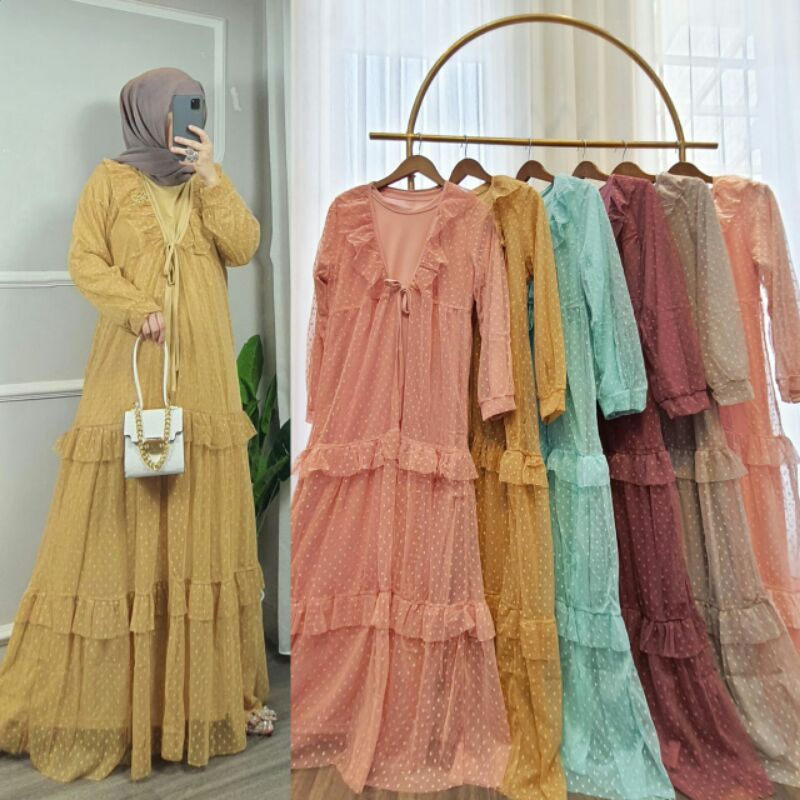 Vania gamis tile brokat rompi / gamis dress muslimah polkadot murah