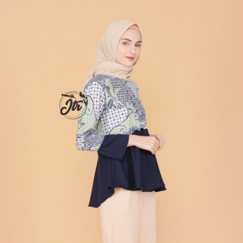 tey-17 Batik wanita ASJ SA HRB026 Kenongo Kemeja Tosca Pendek-B. Ishel navy