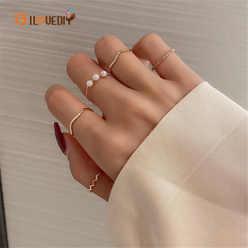 5pcs / Set Cincin Multilayer Hias Mutiara Gaya Korea Untuk Wanita