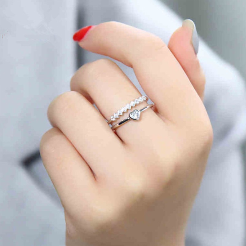 Cincin Model Terbuka Lapis Ganda Bentuk Hati Bahan Zirkon Gaya Jepang Korea Selatan Untuk Perhiasan