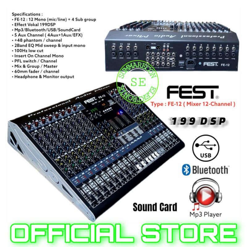 mixer audio 12 channel original fest fe 12 usb bluetooth recording soundcard