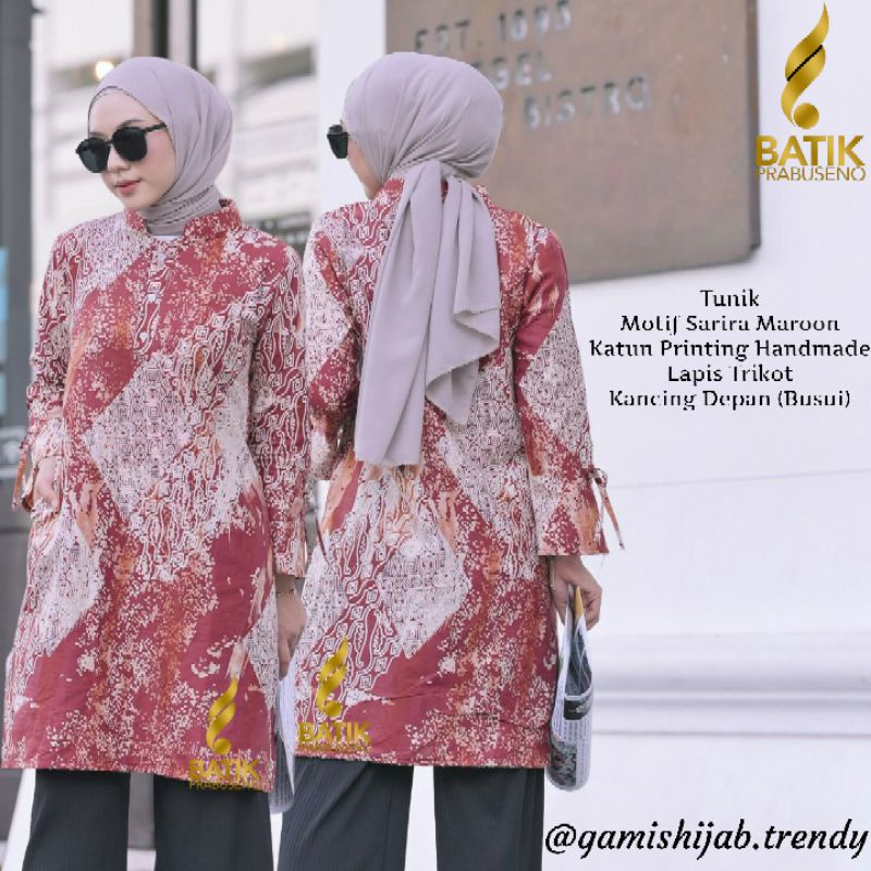 Batik Prabuseno Tunik Motif Sarira Maroon Katun Printing Handmade Lapis Trikot Kancing Depan Busui