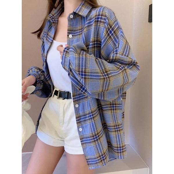 IOS SHOP - Kate Kemeja Katun Impor Casual Wanita Korea Fashion Girls Atasan Lengan Panjang Kotak Kotak-Biru