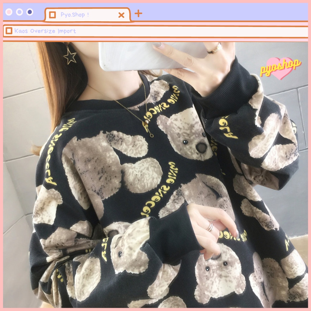 SWEATER Lengan Panjang Oversize Import Motif BEAR COKLAT