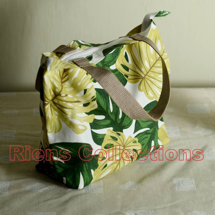 HANDBAG BESAR BAHAN KANVAS MOTIF DAUN TALAS. TAS KANVAS. TAS WANITA. RIENS COLLECTIONS