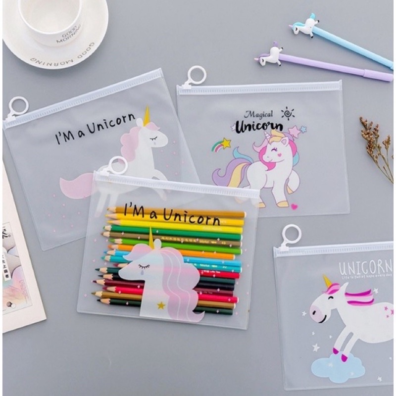 Tempat Pensil Transparan Unicorn &amp; Pink Panther / Map File Unicorn / Zipper Bag