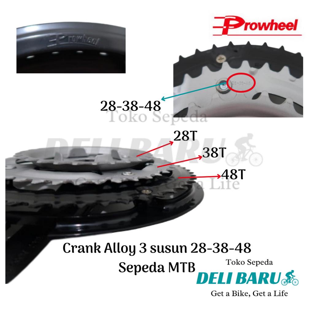 Prowheel Crank 3 susun alloy hitam silver 28 38 48T sepeda MTB