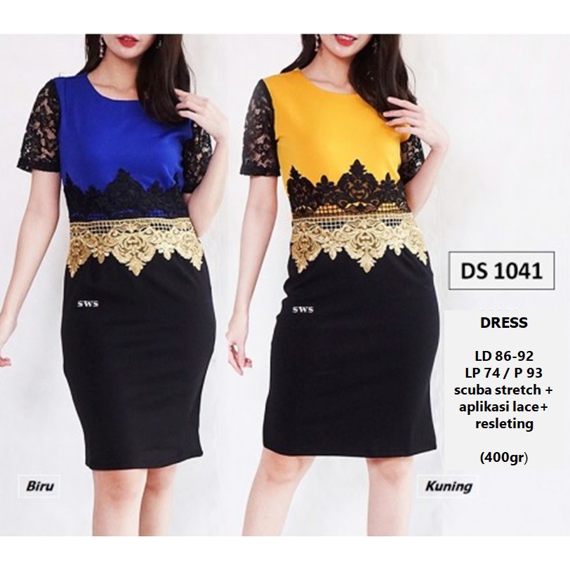 DS1041 - DRESS PESTA DRESS LACE MIDI DRESS SCUBA BRUKAT IMPORT NATAL