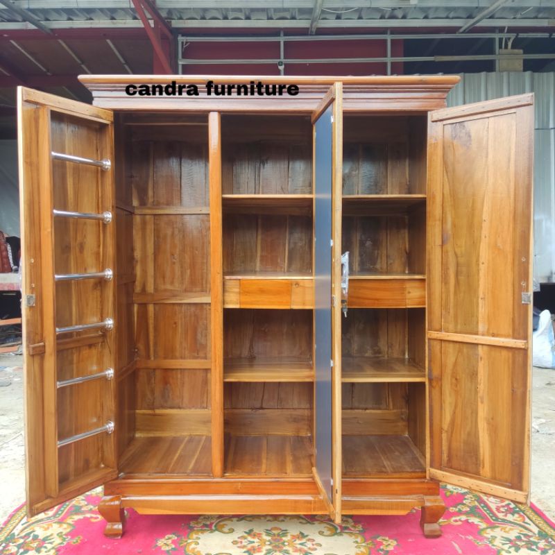 LEMARI PAKAIAN HIJAB GAMIS JATI 3 PINTU 2 RAK 1 GANTUNGAN