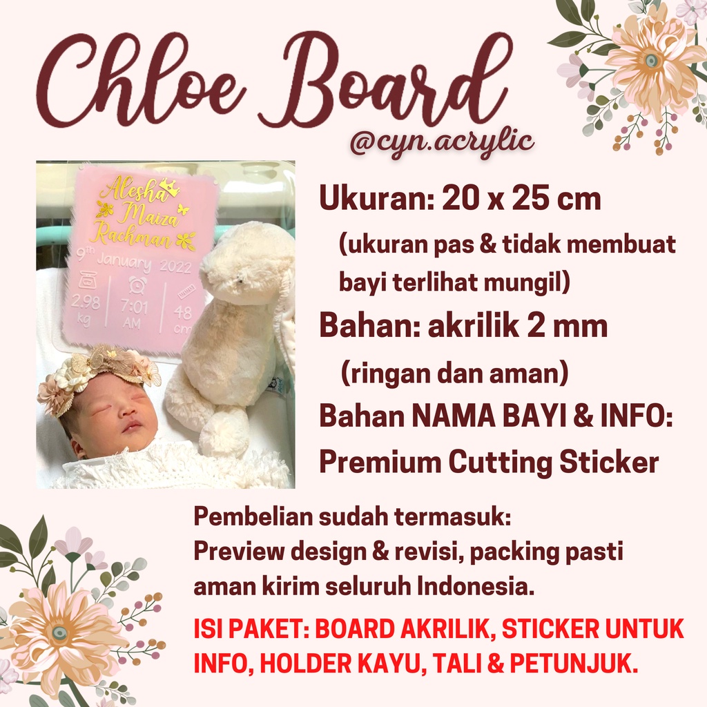 CHLOE HOSPITAL BOARD ACRYLIC AKRILIK Announcement Biodata Baby Bayi Newborn Kado Mewah Bagus