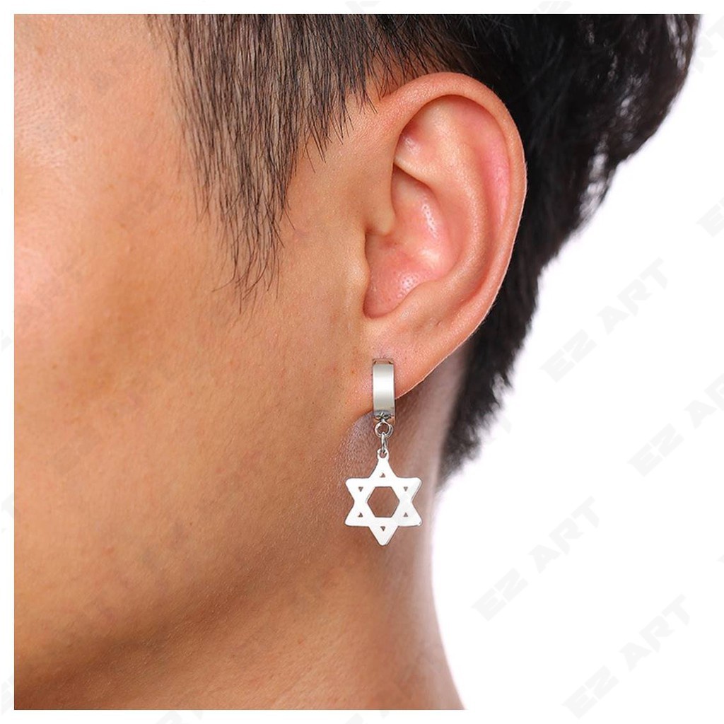 1 BUAH - ANTING PRIA STAINLESS STEEL BANDUL HEXAGRAM GEOMETRI HEXAGON TUSUK / JEPIT NON TINDIK