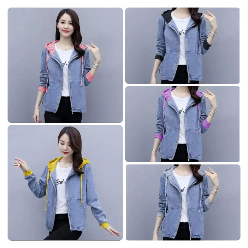 JAKET JEANS HOODIE WANITA RITSLETING DENGAN KOMBI