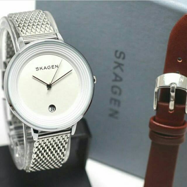 NEW JAM TANGAN WANITA SKAGEN RANTAI PASIR SILVER SK-2333 UDAH PAKAI BOX