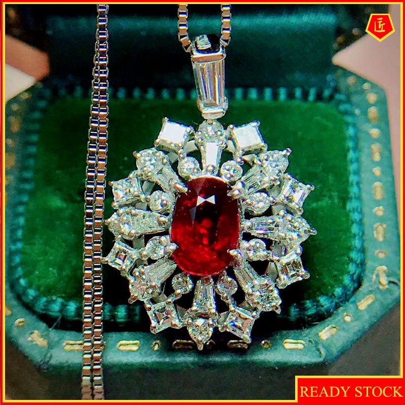 [Ready Stock]T Square Full Diamond Pendant Ruby Necklace for Women