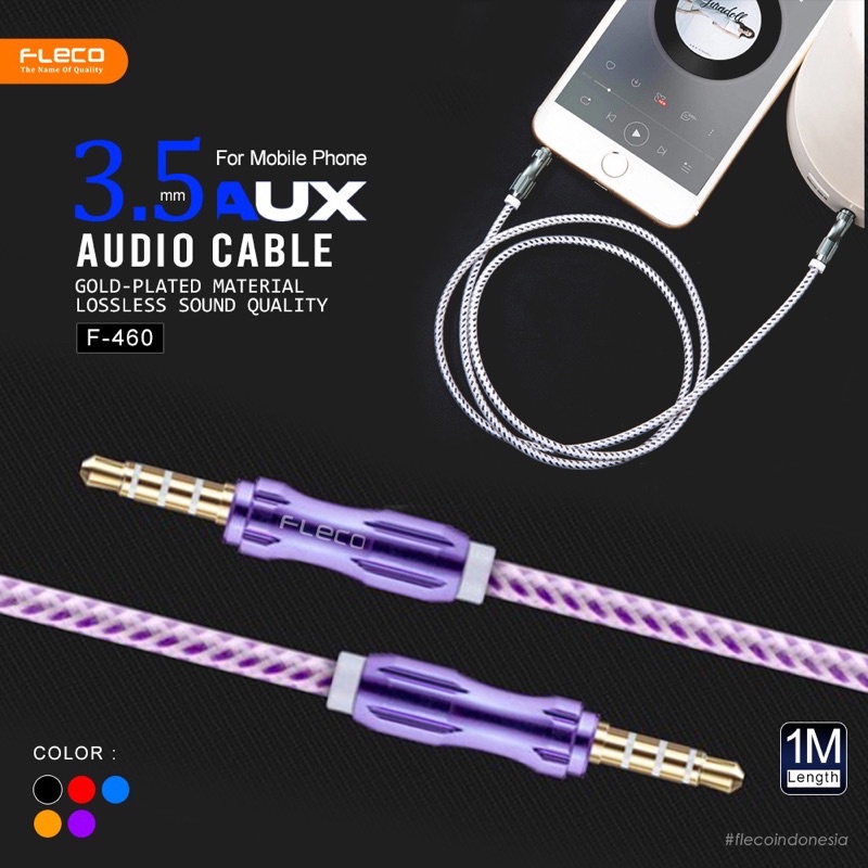 PROMO KABEL AUX 3.5MM FLECO 1x1 UNIVERSAL F460 GOLD PLAT MATERIAL PREMIUM HD AUDIO