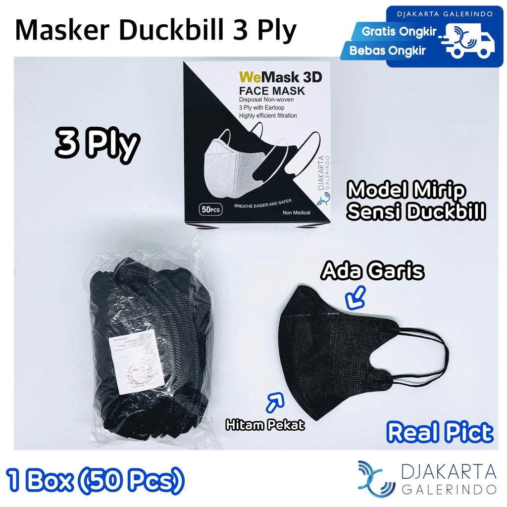 Masker Duckbill Hitam Black 4Ply Mouson Alkindo isi 50Pcs