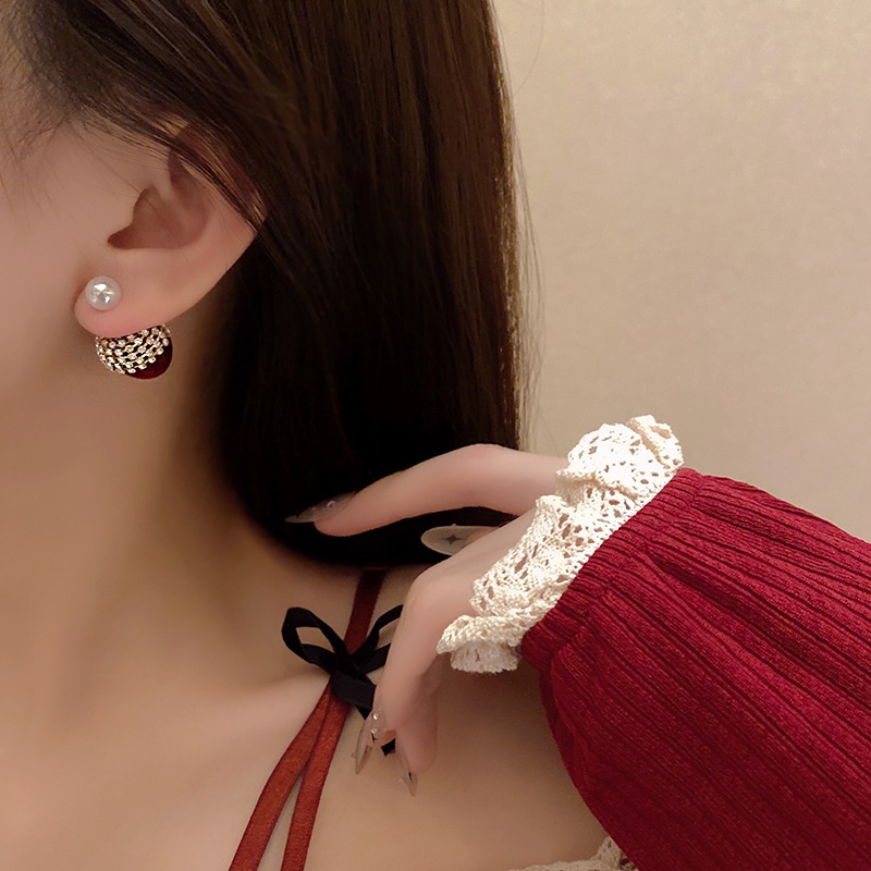 Anting Stud Desain Ceri Merah Aksen Berlian Imitasi Bahan 925 Silver Needle