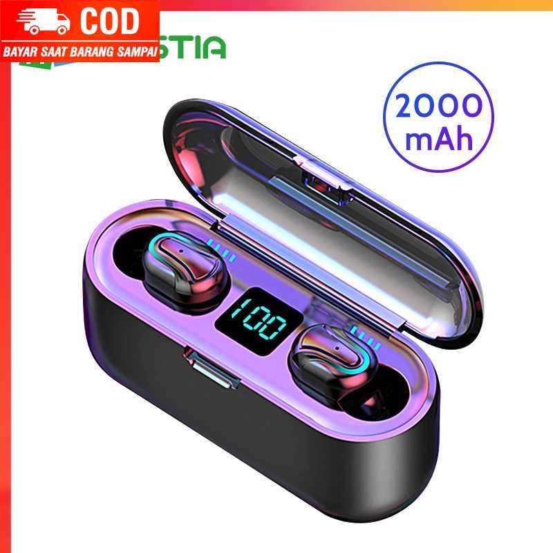 (100% BARANG ORI)  Earphone True Bluetooth 5.0 Powerbank Charging Dock - Q32