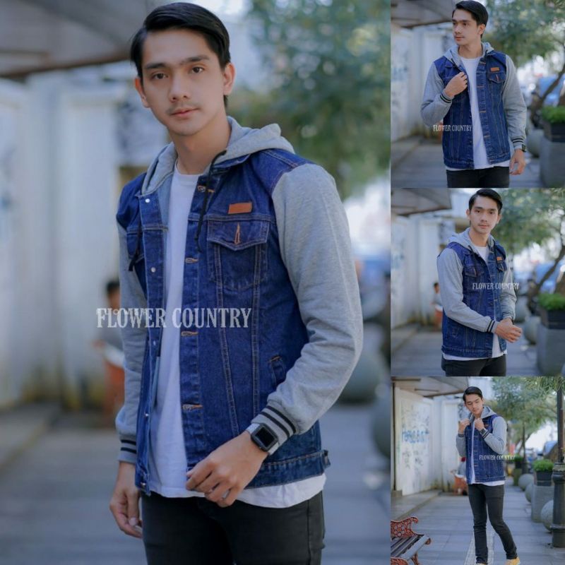 TERMURAH ! JACKET JEANS DENIM REGLAN PRIA JAKET JEANS BOY HOODIE KOMBINASI FLEECE BIG SIZE L XL XXL