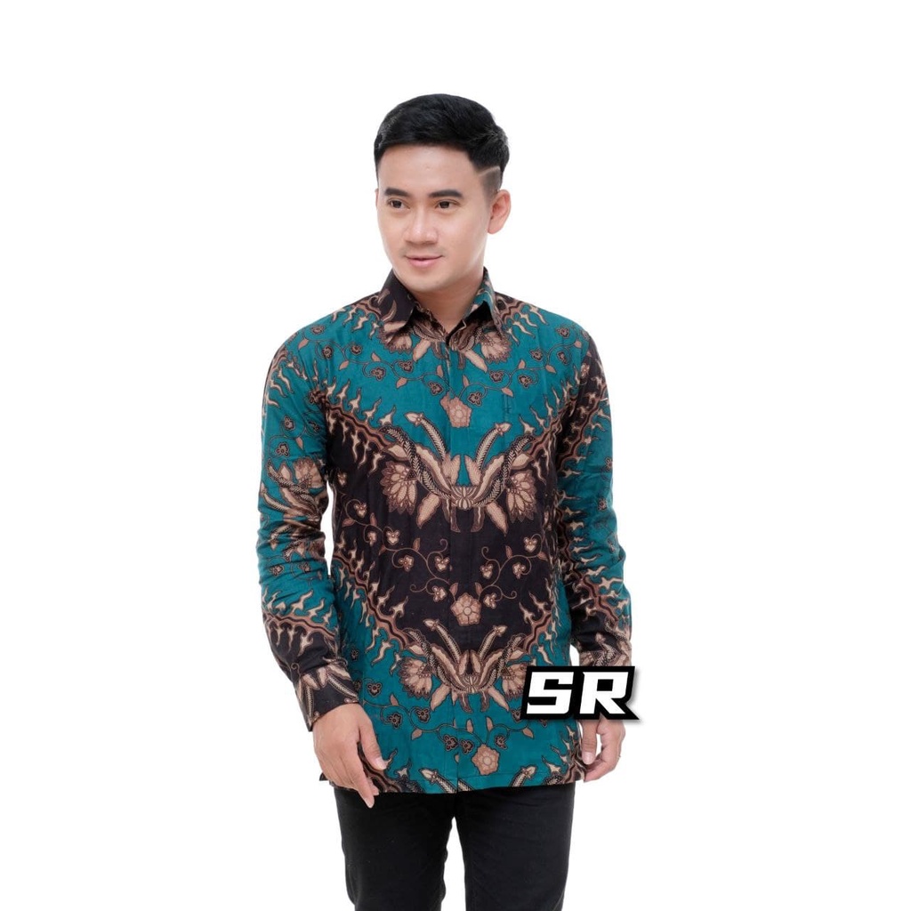 Batik Pria Lengan Panjang BATIK AZMIL HRB026 motif KERATONAN Kode 002 size M L XL XXL Reguler-Kmj keris hijau