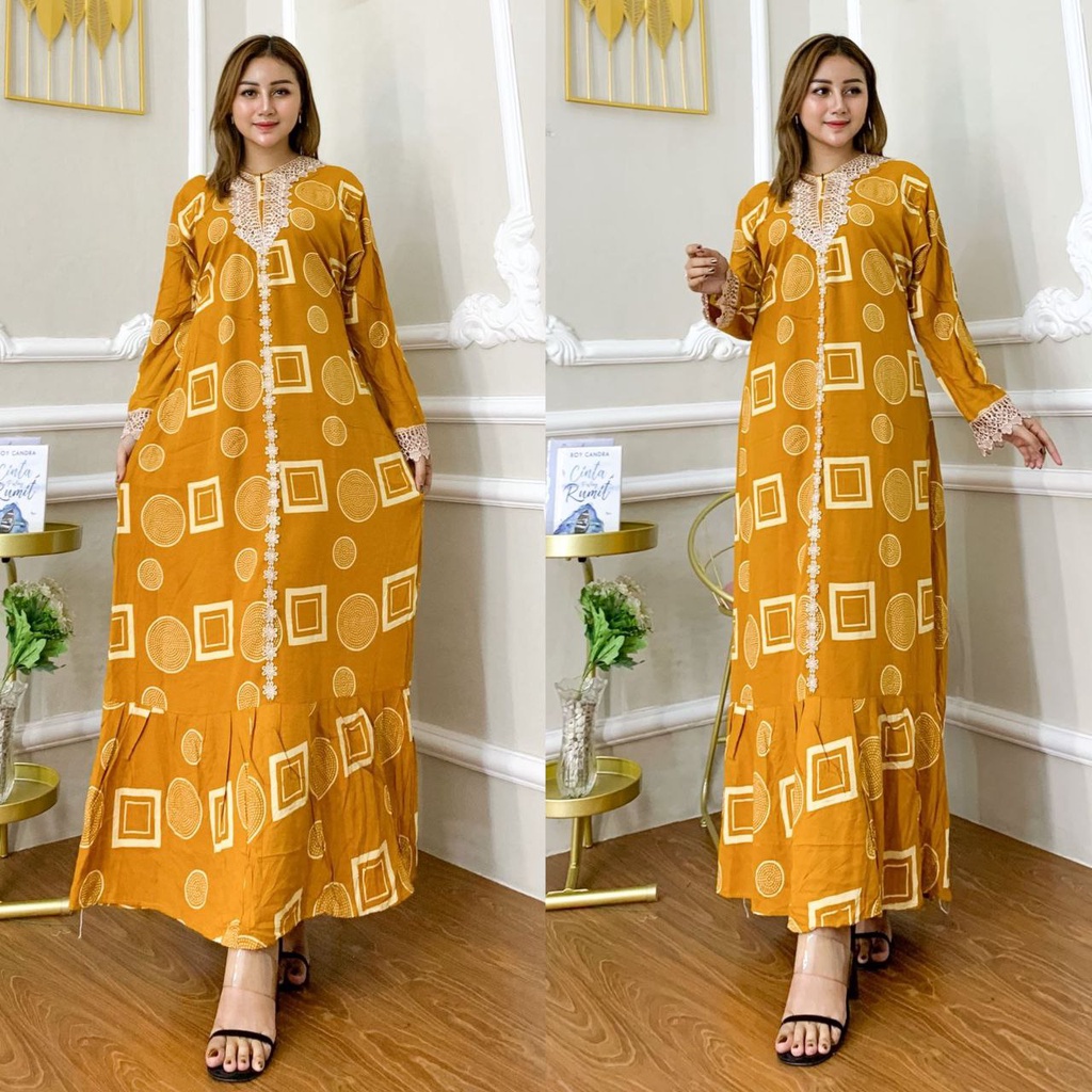 Gamis Terbaru Renda Wandha Hamidah Rayon Premium Dress Wanita Lengan Panjang Longdress Full Kancing LD 110  cm